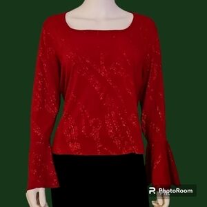 VTG COMMA DESIGN 1990s Red Glitter Swirl Flare Sleeve Holiday Blouse 2X